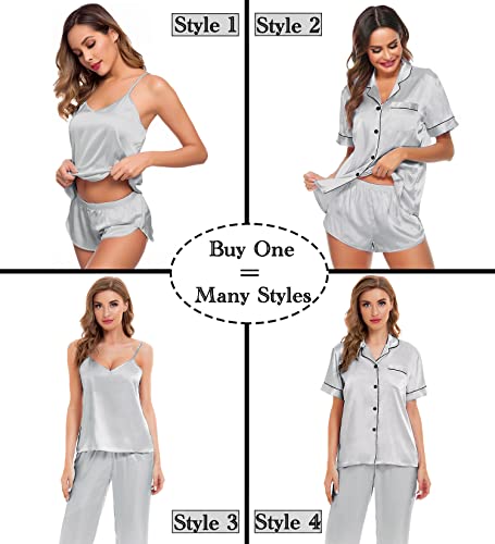 Image of SWOMOG Womens Silk Satin Pajamas Sets 4pcs Sleepwear Sexy Cami Shorts Set and Button Down Short Sleeve Pjs Loungewear Grey Small