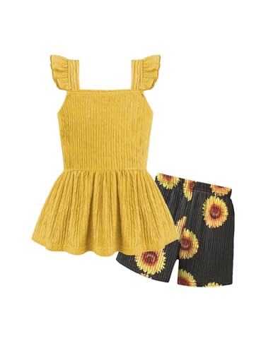 Image of Arshiner Toddler Girl Clothes 2 Piece Summer Outfit Ruffle Sleeveless Top and Shorts Set with Pockets 2-7Y