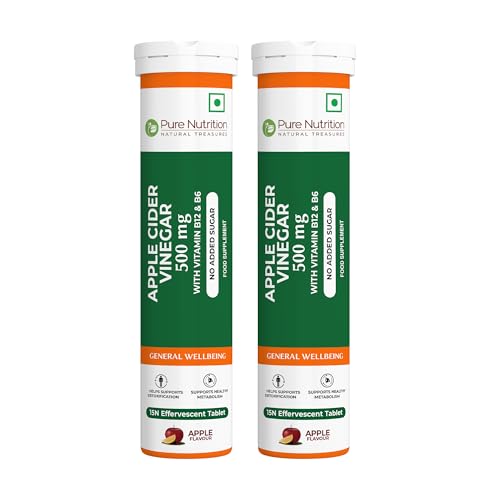 Pure Nutrition Apple Cider Vinegar Effervescent Tablets, 30 Count (15x2), Apple Flavour, with ACV Mother, Vitamin B6, B12 & Garcinia Cambogia, Supports Gut Health & Digestion.