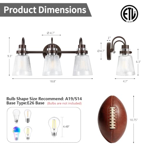 Image of 3-Light Bathroom Vanity Light, Farmhouse Bathroom Light Fixture with Clear Striped Glass Shade, 18.8 Inch Oil Rubbed Bronze Wall Sconce Lighting Over Mirror for Bedroom Hallway Cabinet