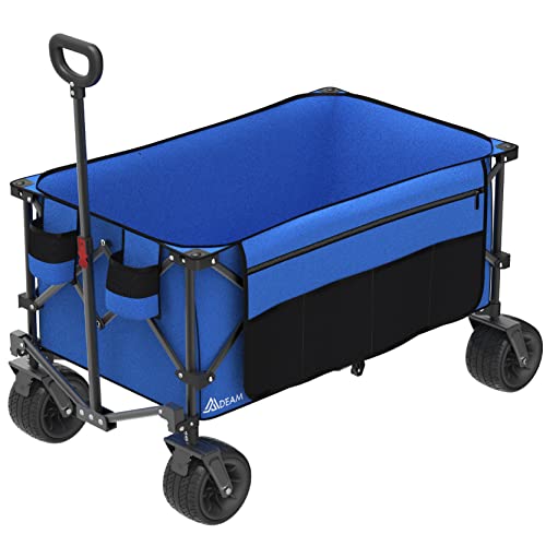 Mdeam Folding Collapsible Wagon,Large Capacity Outdoor Wagons Carts Heavy Duty Foldable Utility With Big All-Terrain Wheels &2 Side Pocket For Camping,Sports(Blue) #TOP28