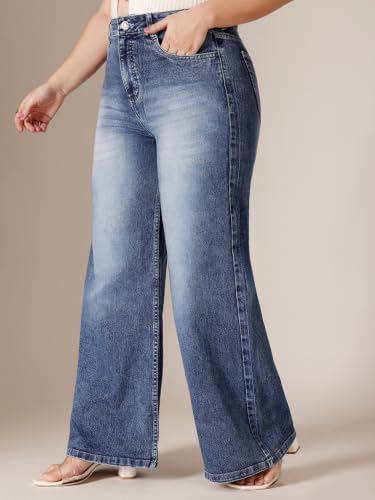 Image of Miss Chase A+ Women's Wide-Leg Mid Rise Regular Length Blast Effect Denim Jeans