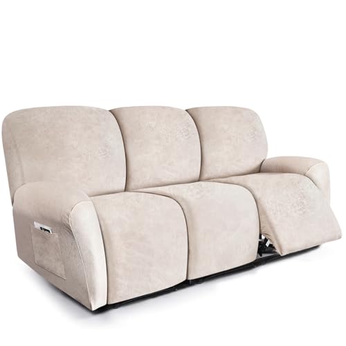 Image of ANARACHON Recliner Couch Cover Leather Look Recliner Sofa Covers for 3 Cushion Reclining Sofa Slipcovers 8-Pieces Furniture Protector Spandex Fabric Washable (3 Seater, 02 Beige)