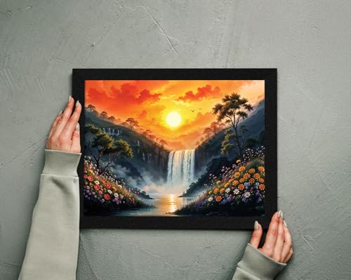 Image of ArtX Paper Rising Sun Painting For Vastu, Small Size Wall Art Scenery, Water Stream, Waterfall Painting Vastu, Rising Sun Wall Decor, Multicolor, Nature, 13.0 X 10.0 Inch, Set of 1