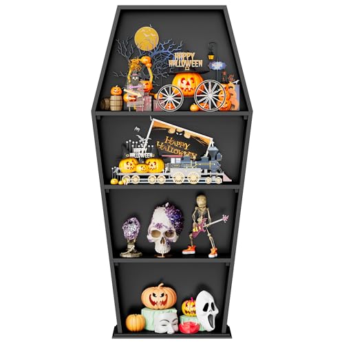 Eostbe Halloween Goth Coffin Bookshelf 48''H - 4-Tier Solid Wood Tall Coffin Shelf Gothic Decor, Black Spooky Curio Shelf for Home Decor