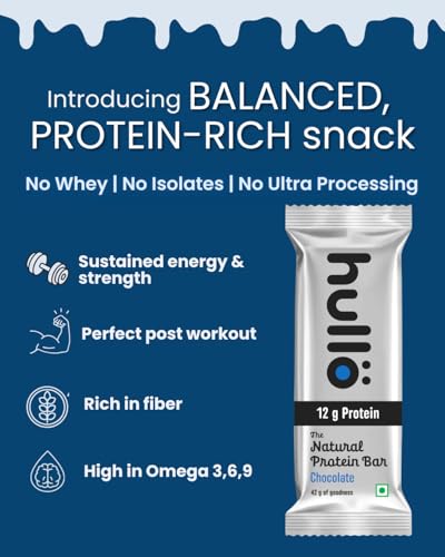 Image of Hullo Natural Protein Bar Chocolate - 12g Protein (12 X 42g Pack) | Gluten Free, Dairy Free, Soy Free Protien Bar Rich in Omega 3, 6 & 9 with Nuts & Seeds | Healthy Protein Bar for Gym & Daily Energy