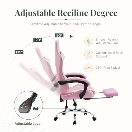 Image of Video Game Desk Chair, Ergonomic High Back PU Leather Computer Gaming Chair with Headrest & Linkage Armrest, Height Adjustable with 360 Swivel, for Adults, Pink