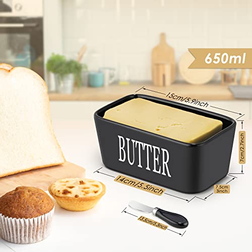 Hossejoy Large Butter Dish with Lid and Knife, European Size Porcelain Butter Container Designed with Double Silicone Seals, Ceramic Butter Box, Perfect for Butter, Nuts, Cheese, 650ml (Black) - Image 4