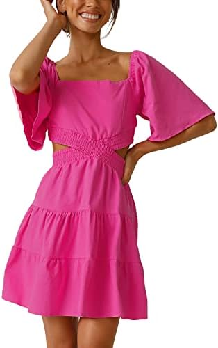BIBOKAOKE Womens Cow Costume Dress Women's Summer Cut Out Casual Short Sleeve Dress Sweetheart Midi Dress for Women Casual Summer Hot Pink