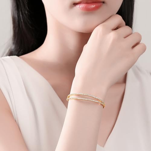 14K Gold Double Layer Moissanite Bracelet, Commuter-Friendly Style, Adjustable Open Bangle3