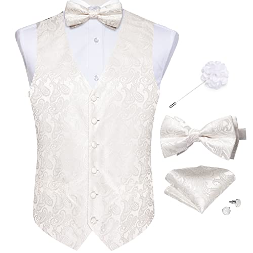 Image of DiBanGu Mens Paisley Suit Waistcoat,Silk Dress Vest and Bowtie Pocket Square Cufflinks with Lapel Pin Set for Wedding Tuxedo