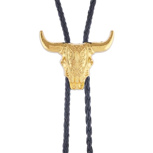 Image of GelConnie Longhorn Bull Bolo Tie for Men Native American Western Cowboy Leather Necktie Bolo Necklace for Women Gold Texas