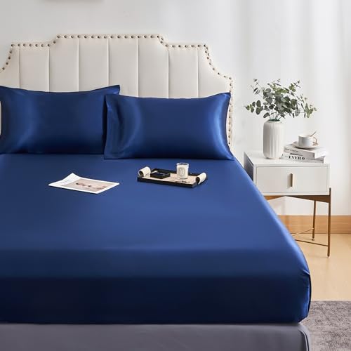 JHCHMX Double Fitted Sheet Navy Blue, Deep Pocket (35cm) Soft Polyester Satin Bed Sheet - Image 2