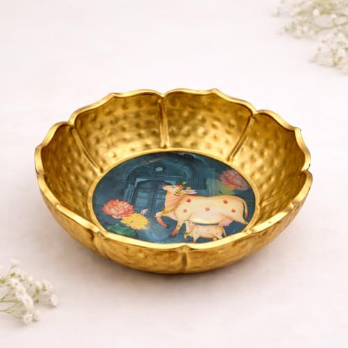 Image of Hammered Golden Lotus Urli Bowl with Sacred Cow Art | Decorative Metal Pooja Urli for Floating Flowers, Tealights & Festive Home Decor | Lotus Petal Design Centerpiece
