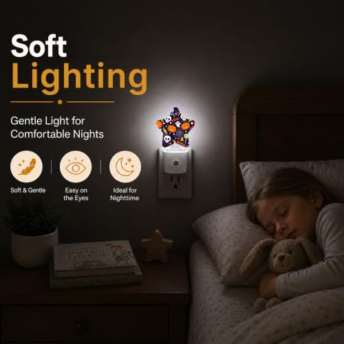Image of Halloween Skull Star Night Light Plug in, Decorative Night Light for Kids Room Nursery Bedroom, Soft Glow Sensor Lamp for Hallway Bathroom, Compact Energy Saving