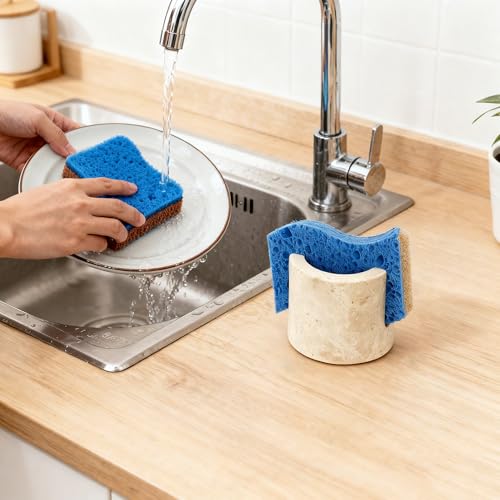 YeasHome Natural Travertine Sponge Holder & Drying Rack for Kitchen Sink Non-Slip Grip Fast-Absorbing Stone Sponge Caddy Organizer Sturdy Bathroom or Kitchen Counter Accessory Beige — view 2