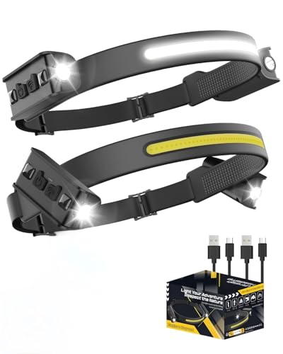 Tekwet Head Torch Rechargeable,Dual Side XPE Lights,230°Wide Beam LED Headlamp with Motion Sensor, 2400mAh Battery, 6 Modes, Waterproof Lightweight COB Headlight