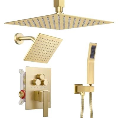 Dasan Brushed Gold Dual Shower Heads System with Ceiling 12-Inch Rainfall Shower & Wall Mount 6-Inch High Pressure Shower Head, Full Body Dual Shower Head Set