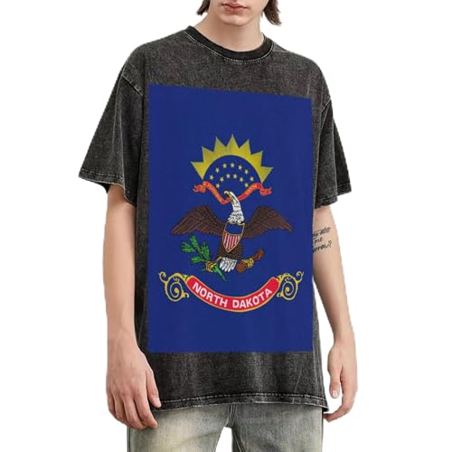 T-shirt surdimensionné homme en coton délavé robuste avec imprimé drapeau Dakota du Nord rétro