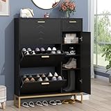 Auromie Shoe Storage Cabinet, Free Standing Shoe Organizer with 3 Flip Drawers,Modern Shoe Rack with Adjustable Side Cabinet,Entryway Narrow Shoe Storage with Door for Hallway Living Room (Black Plus)