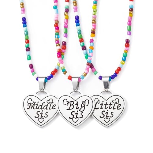Image of Big Middle Little Sister Mom 2 Daughters Heart Colorful Beaded Necklaces | 3Pcs matching sister pendant set, meaningful friendship & family jewelry, ideal gift for BFF, sisters, mom & daughter