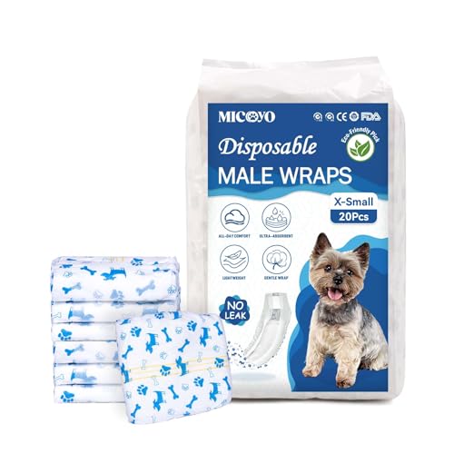 MICOOYO Disposable Dog Nappies Male - Dog Diapers for Male Pet Doggy Puppy, Super Absorbent Male Dog Wraps with Wetness Indicator (XS, 20pack)