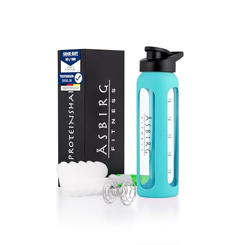 Asbirg Shaker Proteine in Vetro 700 ml – Senza BPA, a Prova di Perdite & Robusto – Shaker per Proteine con Palla Mixer in Vetro Borosilicato – Bottiglia per Frullati e Sport | Blu Acqua