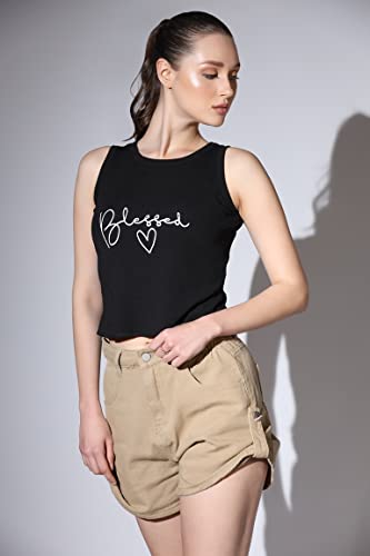 Image of OM SAI LATEST CREATION Crop Tops for Women || Ribbed Solid Chest Printed Crop Top for Girls || Text & Hart Print with Round Neck & Sleeveless Crop Top for Women || Tank Top.