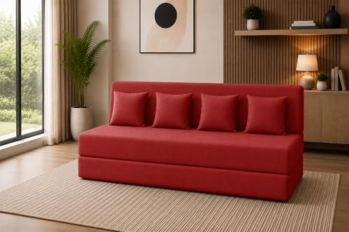 Image of Sofa Cum Bed with Jute Fabric, Convertible Four Seater Sofa Bed 6x6 Ft, Comfortable Cushioned Seating, Space Saving Design for Living Room, Bedroom & Guest Room - Red Color