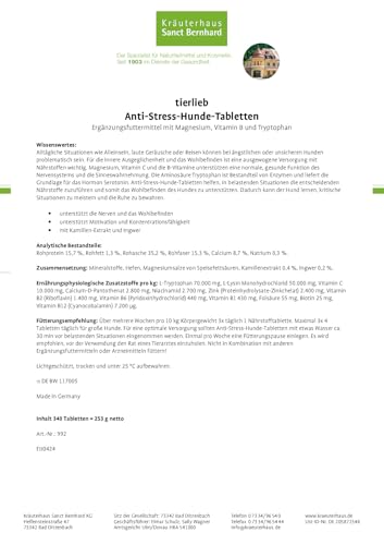 tierlieb Anti-Stress-Hunde-Tabletten | Für Hunde | Magnesium, B-Vitaminen & Tryptophan | 340 Tabletten