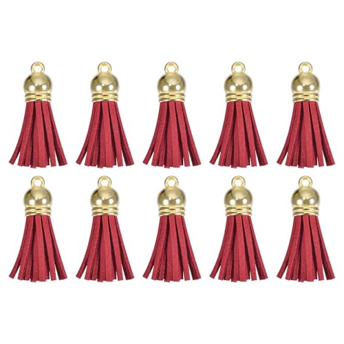 QUARKZMAN 30Pcs 1.5 Pouce Charme Porte-Clés à Pompons en Cuir avec Capuchon Doré pour la Fabrication de Bijoux de Bracelets Pendentifs, Décoration Artisanale DIY, Rouge