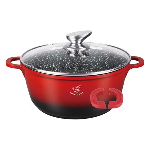 Royal Swiss Faitout 32 cm Noir 9.5L – Revêtement Marbre Antiadhésif, Couvercle en Verre, Compatible Induction & Four, Fonte d’Aluminium, Poignées...