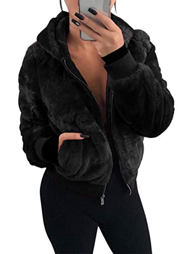 GLIENST Womens Hooded Fuzzy Fauxs Fleece Sherpa Jacket Zipper Up Winter Coat Warm Outwear Pockets Black L