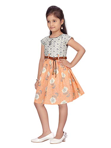 Image of muhuratam Girl's Pure Cotton A-Line Knee-Length Dress (FK-9294 Peach 28)