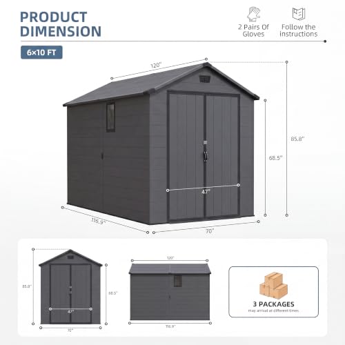 Image of Greesum 6x10FT Plastic Storage Shed with Floor, Resin Outdoor Storaged Sheds with Lockable Double Door, Window and Vents, All-Weather Tool Sheds for Patio, Garden, Backyard, Dark Gray