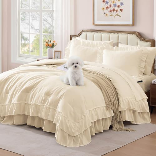 Image of Queen Comforter Set Whisper White Ruffle 7 Pieces Farmhouse Bed in a Bag | Shabby Chic Fluffy All Season Bedding Sets with Sheets, Pillowcases & Shams