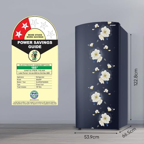 Image of SHARP 187 L Direct Cool Single Door 2 Star Refrigerator | Glass Shelves| 2.25L Bottle Space | Japan 7 Shield Protection | 60 Mins Fast Ice (Floral Fall Blue, SJ-DF207N2-PBF)