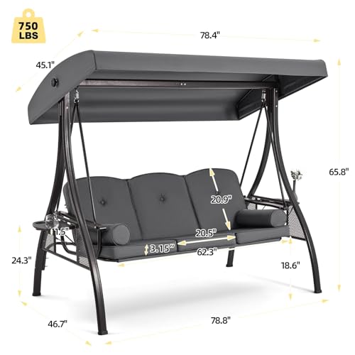 Image of HOMREST 3 Person Outdoor Porch Swing with 1.5 inch Upgraded Cup Holder, Adjustable Canopy, Backrest, Patio Swing Bed with Weather Resistant Steel Frame, Cushions for Garden,Deck and Poolside(Gray)