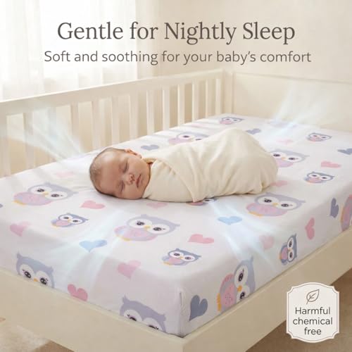 Image of EVERYDAY KIDS Baby Girl Fitted Crib Sheet Sweet Owls, 100% Soft Breathable Microfiber Baby Sheet, Fits Standard Size Crib Mattress 28in x 52in, Nursery Sheet
