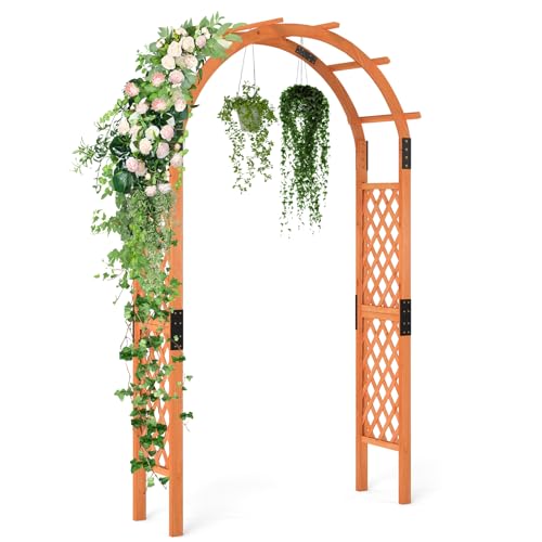 GOPLUS Arche de Jardin en Bois de 235 cm, Treillis Jardin en Bois Massif avec Toit Arqué et Treillis Latéral, Clôture en Treillis Robuste, Pergola...