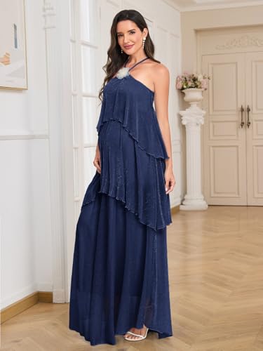 Image of AISWI Maternity Halter Neck Maxi Dress Sparkly Mesh Tiered Ruffle Pregnancy Gown with Flower for Baby Shower Photoshoot