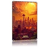 Sunset In Seattle Wa Vintage Poster Home Decor Countries City Attraction Travel Scenery,For Living Room, Bedroom, Office, Restaurant,Metal Sign Wall Art Gift 8 X 12 Inch