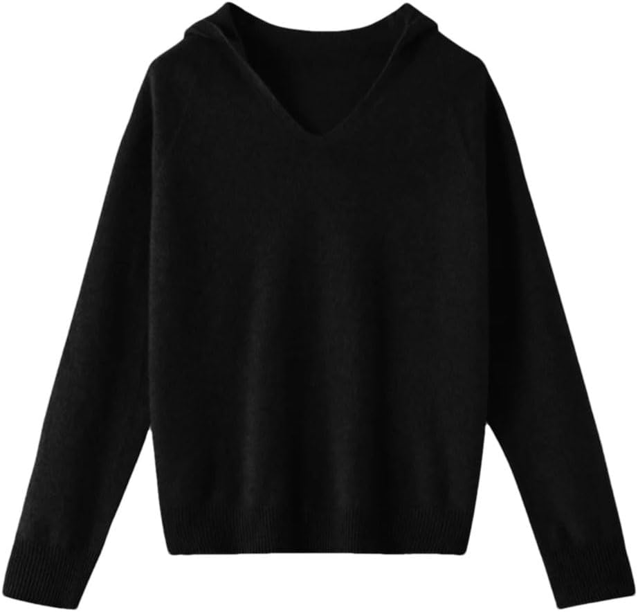 Women's Long Sleeve V-Neck Hooded Sweater Winter Soft Warm Wool Sweatshirts Casual Loose Ribbed Knit Shirts