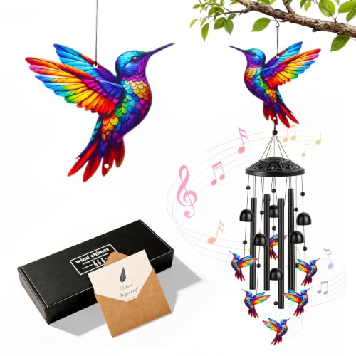 Aluminum Hummingbird Wind Chimes for Outside, Metal Garden Treasures Wind Chime with 4 Durable Tubes & 6 Bells, Unique Grandma Garden Gifts Box & Card Included, 35.4" by Trutob - Used condition - US$30.35