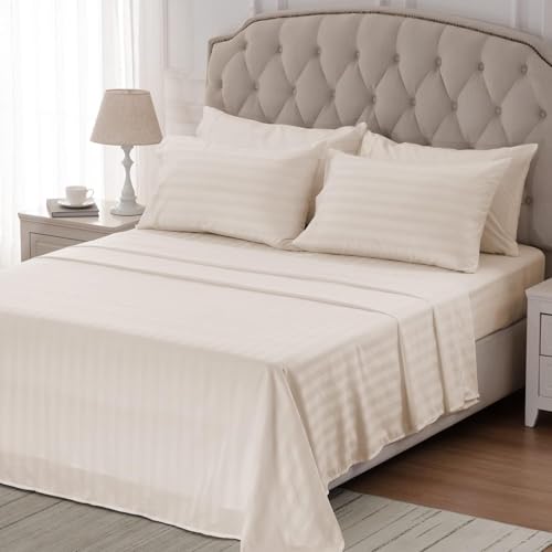 Image of Cott Linen Flat Bed Sheet with 2 Pillow Covers 600 Thread Count 100% Egyptian Cotton Bedsheet Double Size Beige Stripe Sheet