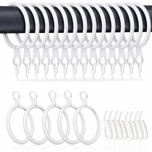 HOMMAKR 24 Pcs White Curtain Rings and Hooks 32mm Ancient and Excellent Metal White Curtain Ring with Eyelet for Hooks Rustpoof Cutain Rail Rings for Window Rods Shower Curtains