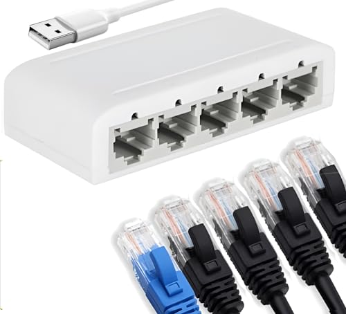 ETHERNET SPLITTER, Internet Splitter, Network Switch, CAT6, RJ45, 100mbps, USB Powered, 5 Port LAN Switch To Add More Ethernet Ports To Your Internet Router CCTV