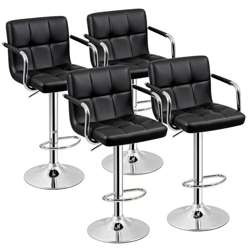 Butacos ZENY Set de 4, Modernos con Tapizado en Cuero Sintético Ajustable y Giro 360°, con Apoyabrazos y Espaldar, para Cocina, Bar o Pub, Negro