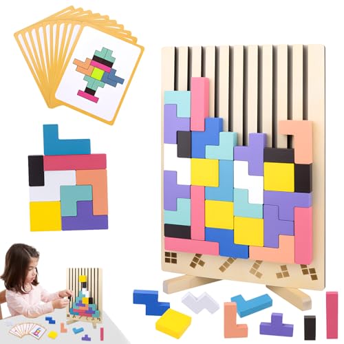 Dandin Wooden Stacking Puzzle Toy, 3D Montessori Wood Stacking Puzzles Toy, Wooden Puzzle Board Geometric Builiding toys, Stress Relief Colorful 3D Blocks with 10 Cards for Adults and Kids