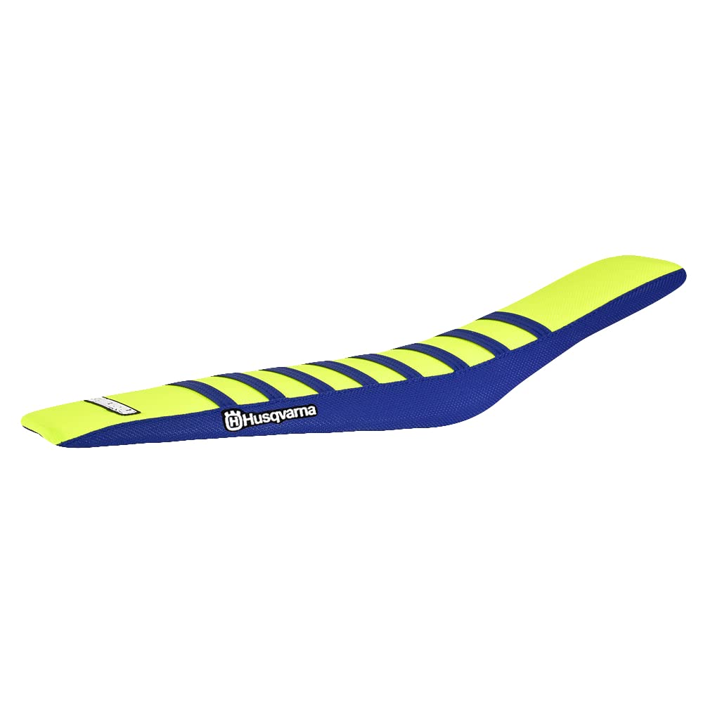 Enjoy Mfg Ribbed Seat Cover - Compatible Fit for 2018-2022 Husqvarna 85 - Husky Logo #168 Logo (Navy Sides/NEON Yellow TOP/Navy Ribs) Logo